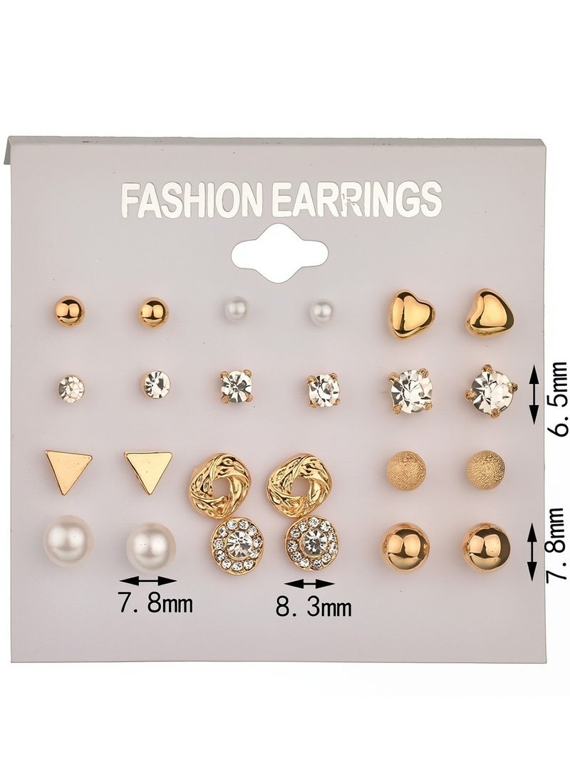 12 Pairs Stud Earrings Set for Women and Girls Gold Tone Pearl, Crystal, Heart, Ball, Geometric Designs Simple Fashion Jewelry Gift for Daily Wear, Party, Eid  - Image 2