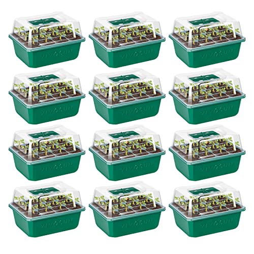 VIVOSUN 12-Pack Seed Starter Trays, 144-Cell Seed Starter Kit with Humidity Dome, Flat Reusable Plant Germination Trays with Drain Hole, Green Propagation Tray for Planting Seeds - Image 1
