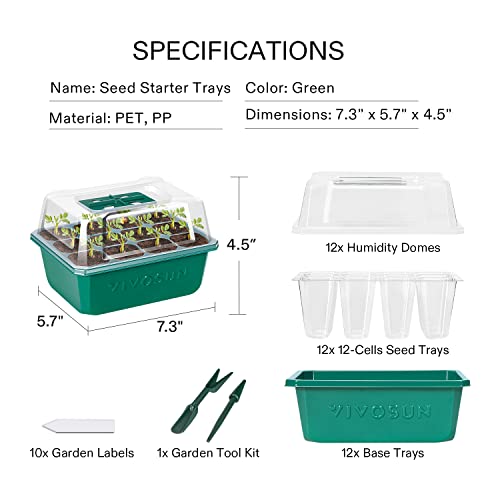 VIVOSUN 12-Pack Seed Starter Trays, 144-Cell Seed Starter Kit with Humidity Dome, Flat Reusable Plant Germination Trays with Drain Hole, Green Propagation Tray for Planting Seeds - Image 2