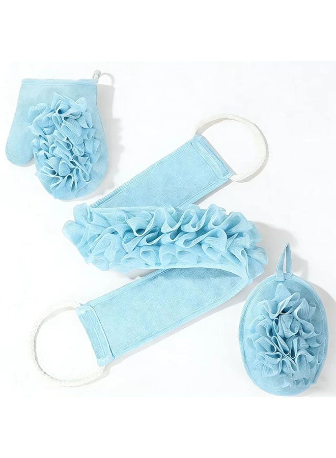 3pcs تقشير طبيعي Loofah اسفنجة مرة أخرى مكرر للدش، لوفا تقشير الحمام حزام & الأسفنجة وسائد & قفاز تقشير، حمام دش مكرر للرجال والنساء (الأزرق) - Image 1