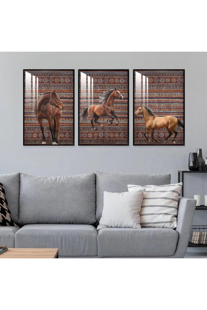 Marktna Three wooden wall painting with a horse design, with a frame and a clear acrylic layer. - Image 1