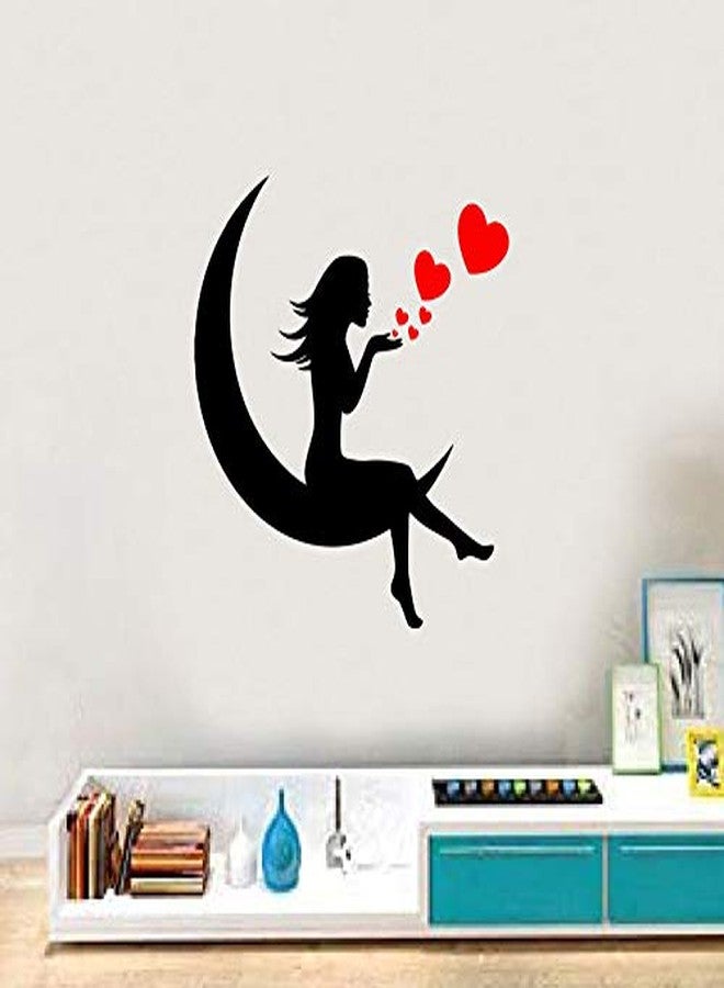كيه سي ملصقات جدارية سوداء مزخرفة من kc بتصميم قمر وفتاة وقلب مجرد لتزيين المنزل (ملصق فينيل PVC يغطي مساحة 58 سم × 58 سم) - Image 1