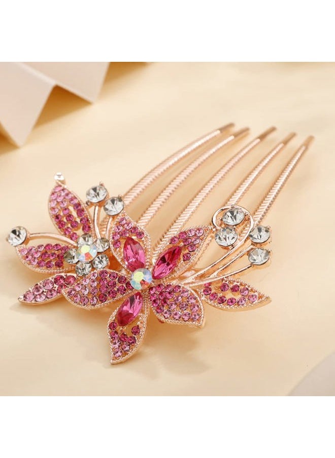 Aimimier - Bridal Wedding Pink Crystal Hair Comb Flower Leaf Rhinestone Gem Side Combs Decorative Hair Pins Fashion Hair Accessories for Brides Bridesmaid(Pink) - Image 1