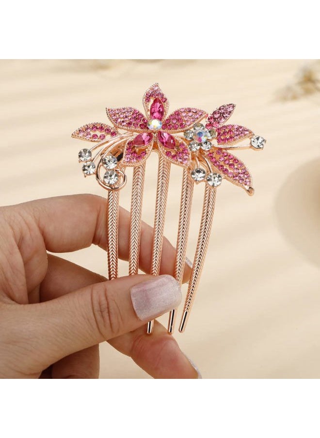 Aimimier - Bridal Wedding Pink Crystal Hair Comb Flower Leaf Rhinestone Gem Side Combs Decorative Hair Pins Fashion Hair Accessories for Brides Bridesmaid(Pink) - Image 1