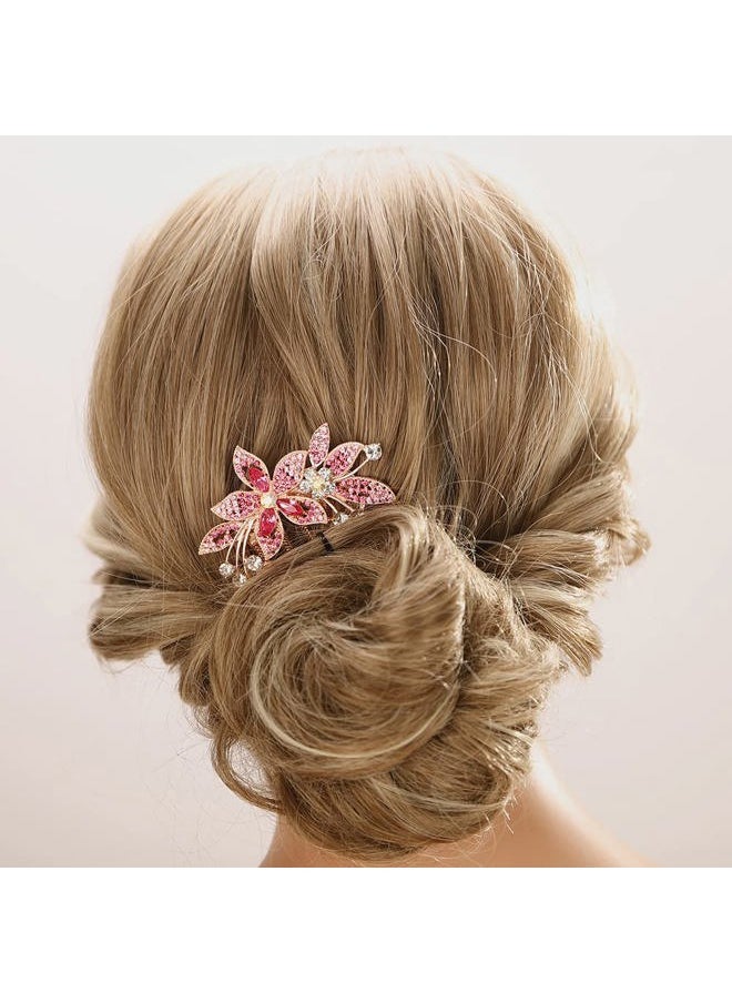 Aimimier - Bridal Wedding Pink Crystal Hair Comb Flower Leaf Rhinestone Gem Side Combs Decorative Hair Pins Fashion Hair Accessories for Brides Bridesmaid(Pink) - Image 1