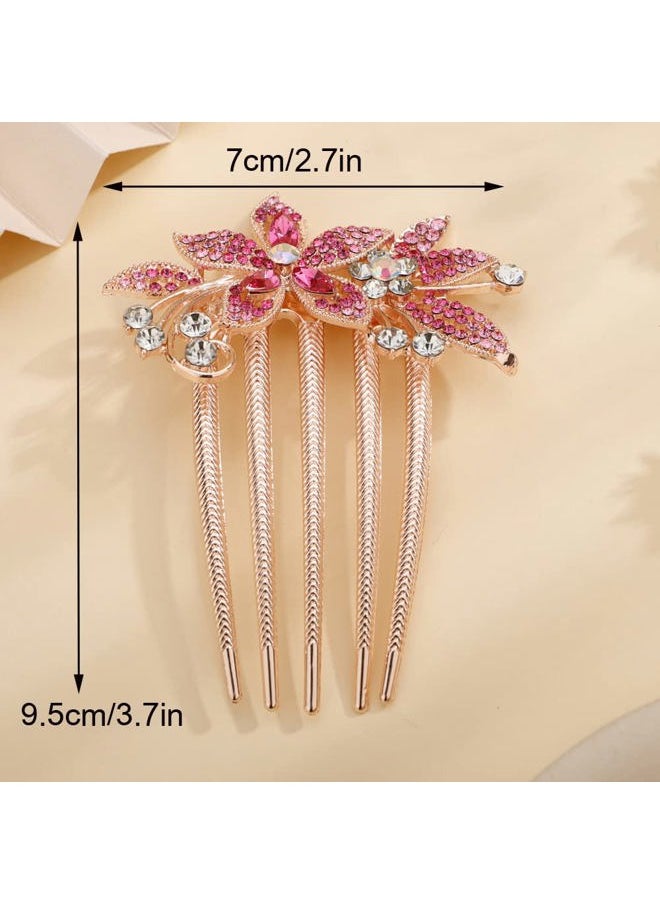 Aimimier - Bridal Wedding Pink Crystal Hair Comb Flower Leaf Rhinestone Gem Side Combs Decorative Hair Pins Fashion Hair Accessories for Brides Bridesmaid(Pink) - Image 1