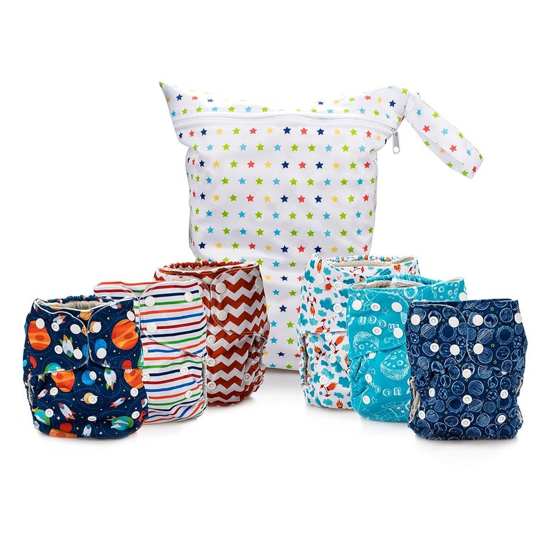 Simple Being Reusable Cloth Diapers, Double Gusset, One Size Adjustable, Washable Soft Absorbent, Waterproof Cover, Eco-Friendly Unisex Baby Girl Boy, six 4-Layers Microfiber Inserts (Space) - Image 1