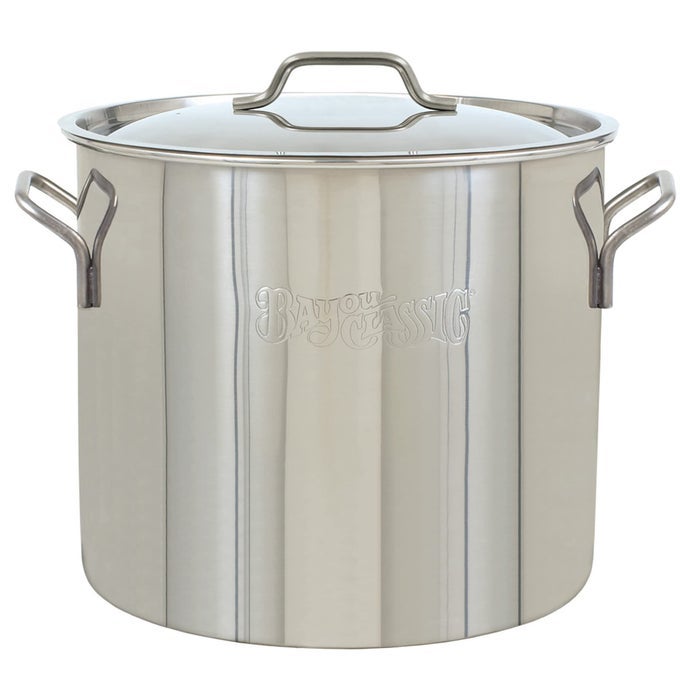 1430 30QT STAINLESS STOCKPOT FEATURES HEAVY DUTY WELDED HANDLES FOR SECURE HANDLING DOMED LID PERFECT FOR LARGE BATCH COOKING OF SOUPS STEWS CHILI AND GUMBO