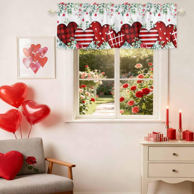 LooPoP Valentine's Day Valance for Windows Red Love Heart Curtains Valances Rose Eucalyptus Leaves Rod Pocket Valance Window Treatments Holiday Short Curtains for Kitchen Living Room Bedroom 54x18 - Image 5