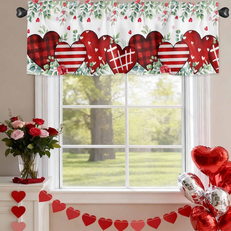 LooPoP Valentine's Day Valance for Windows Red Love Heart Curtains Valances Rose Eucalyptus Leaves Rod Pocket Valance Window Treatments Holiday Short Curtains for Kitchen Living Room Bedroom 54x18 - Image 4