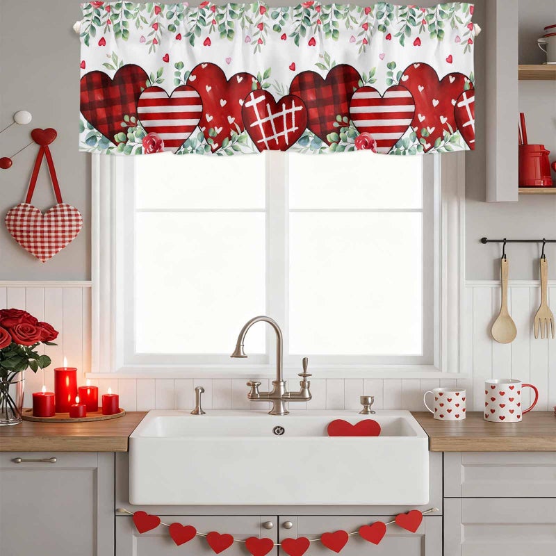 LooPoP Valentine's Day Valance for Windows Red Love Heart Curtains Valances Rose Eucalyptus Leaves Rod Pocket Valance Window Treatments Holiday Short Curtains for Kitchen Living Room Bedroom 54x18 - Image 2