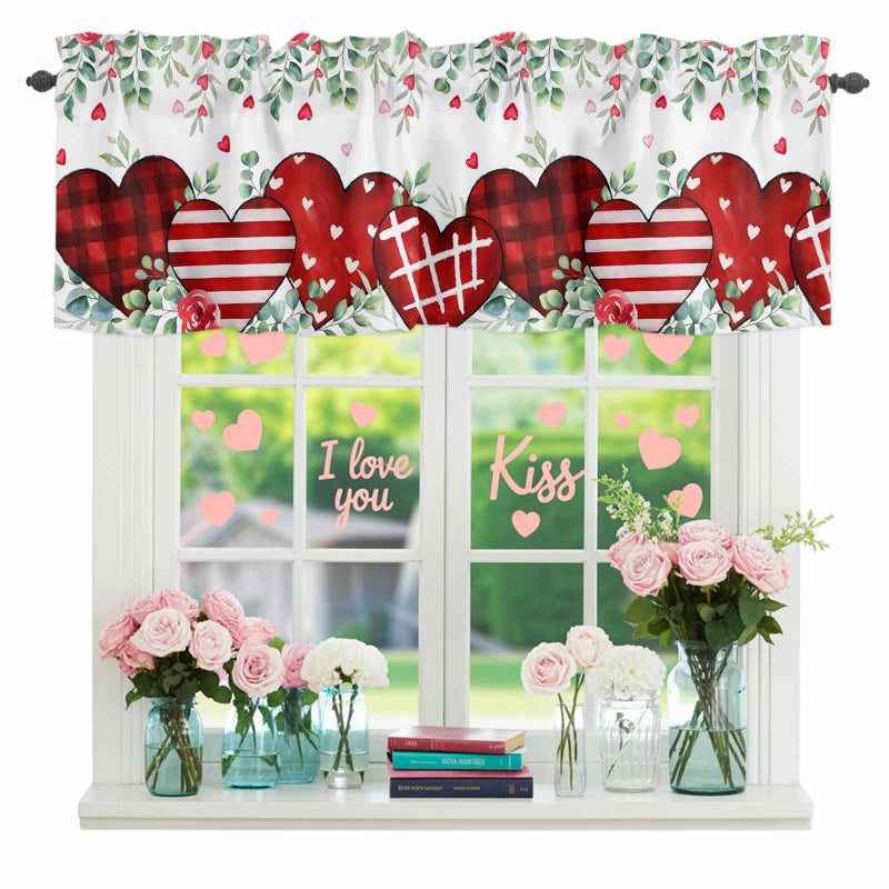 LooPoP Valentine's Day Valance for Windows Red Love Heart Curtains Valances Rose Eucalyptus Leaves Rod Pocket Valance Window Treatments Holiday Short Curtains for Kitchen Living Room Bedroom 54x18 - Image 1