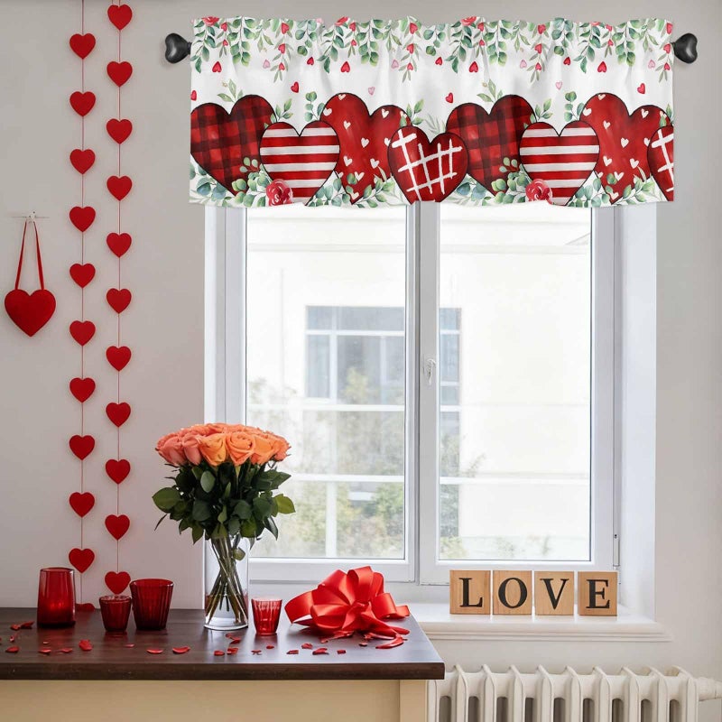 LooPoP Valentine's Day Valance for Windows Red Love Heart Curtains Valances Rose Eucalyptus Leaves Rod Pocket Valance Window Treatments Holiday Short Curtains for Kitchen Living Room Bedroom 54x18 - Image 3