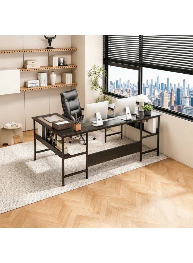 NEWLAN U shaped desk, computer desk with bookshelf layerlarge desktop desk office desk for living room, study room, game room, office. 180*100*75cm - Image 1