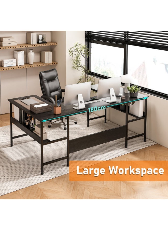 NEWLAN U shaped desk, computer desk with bookshelf layerlarge desktop desk office desk for living room, study room, game room, office. 180*100*75cm - Image 2