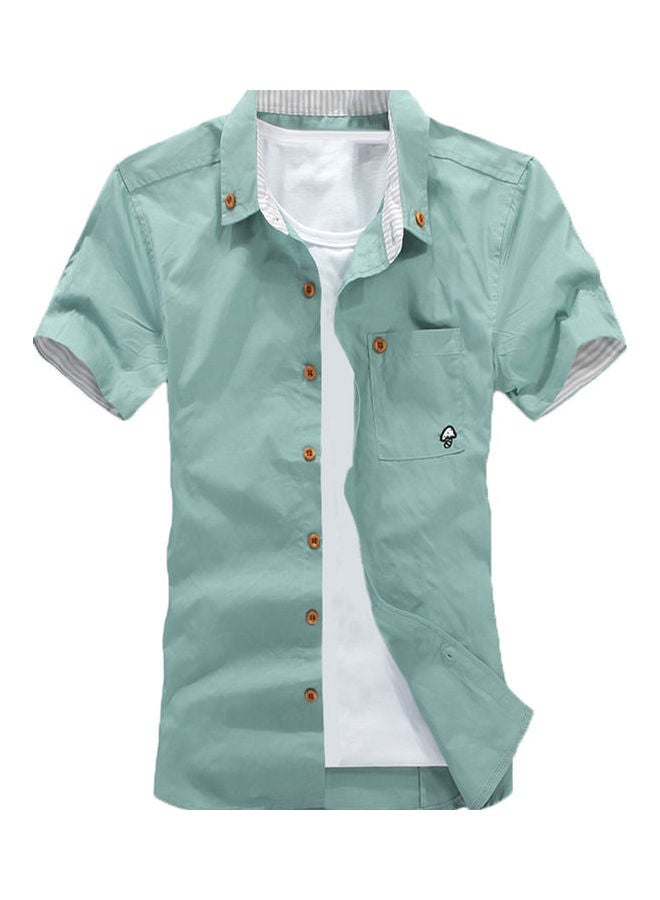 NIBEMINENT Men Solid Colour Turndown Collar Short Sleeve Button Embroidered Slim Fit Shirt Green  - Image 1