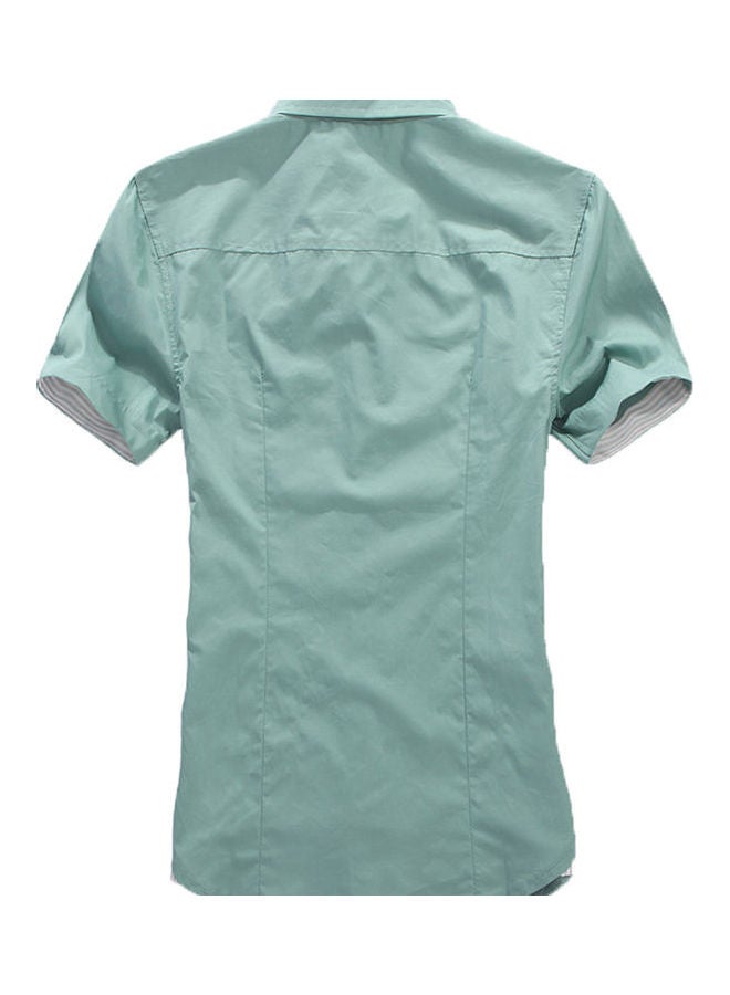 NIBEMINENT Men Solid Colour Turndown Collar Short Sleeve Button Embroidered Slim Fit Shirt Green  - Image 3