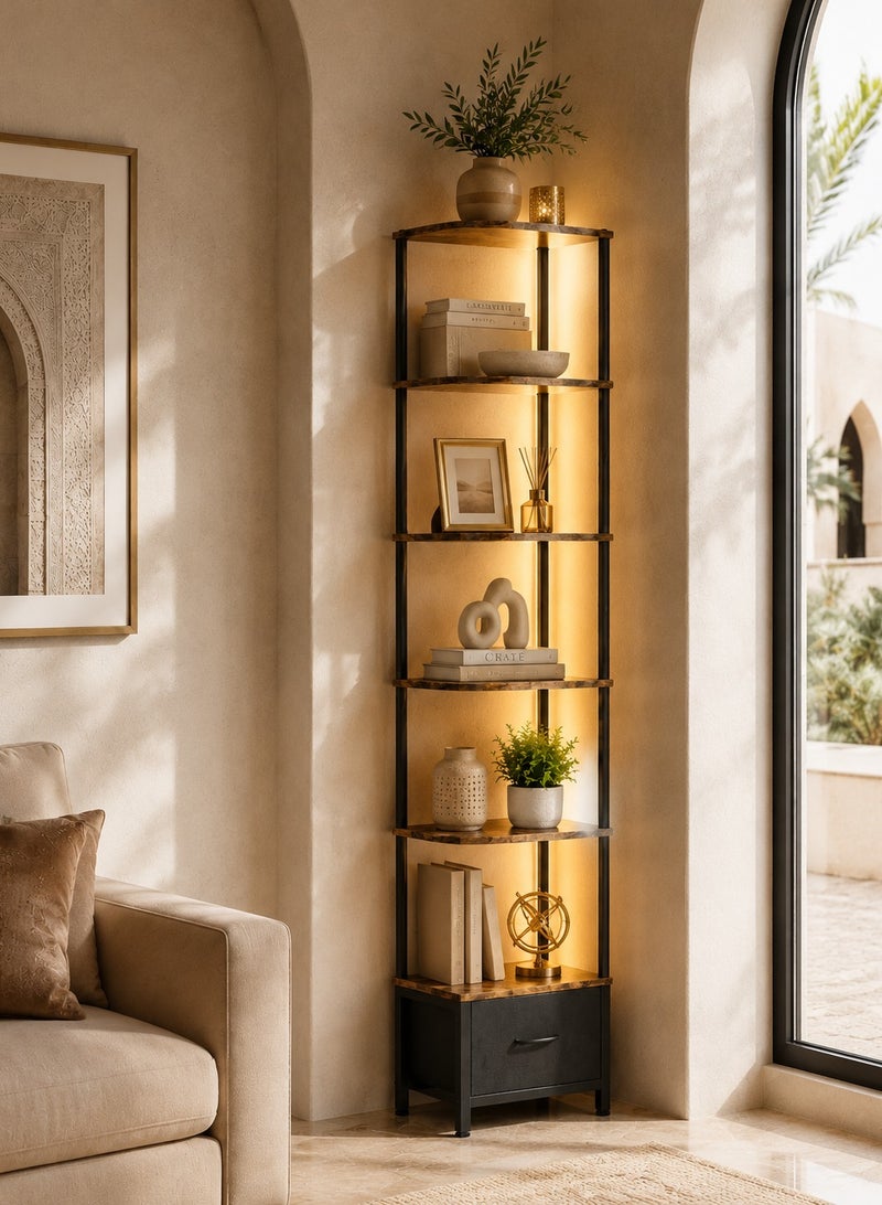 يانارا رف زاوية مع إضاءة LED ودرج تخزين، رف كتب صناعي من 6 طبقات، منظم تخزين طويل للزاوية لغرفة المعيشة وغرفة النوم - Image 2