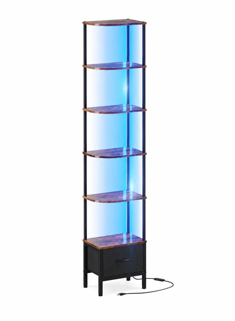 يانارا رف زاوية مع إضاءة LED ودرج تخزين، رف كتب صناعي من 6 طبقات، منظم تخزين طويل للزاوية لغرفة المعيشة وغرفة النوم - Image 5