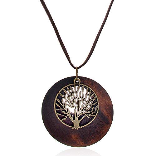SIVITE Vintage Bronze Tree of Life with Wood Pendant Necklace Long Leather Chain Wooden Necklace for Women - Image 1