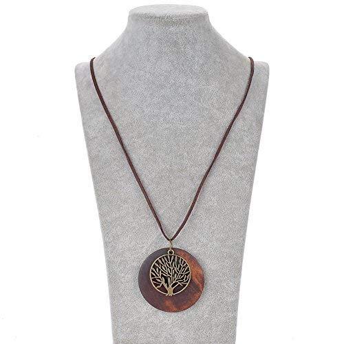 SIVITE Vintage Bronze Tree of Life with Wood Pendant Necklace Long Leather Chain Wooden Necklace for Women - Image 2