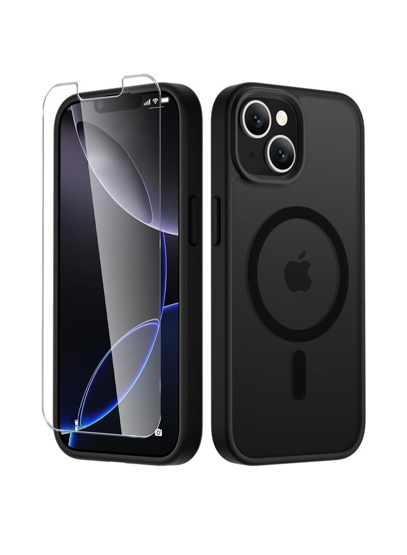WRISTWISE Case Cover for iPhone 14, Magnetic Phone Cover with 1 Tempered Glass Screen Protector, Compatible with MagSafe, Military Grade Protection, Translucent Matte Frosted Back, Black - Image 1