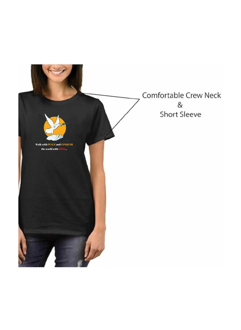 PRINTSHOP4ME - Peace Love Women's T-Shirt–Cotton Half Sleeve Round Neck Soft&Breathable Fabric Casual Wear For Everyday Comfort|Gift For Special Events - Image 1