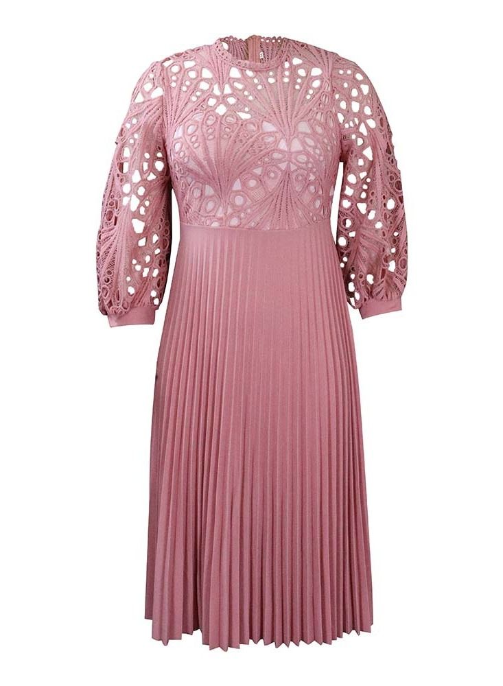 Loquat Women's Large Lace Hook Flower Hollow Pleated Dress Pink  - Image 1