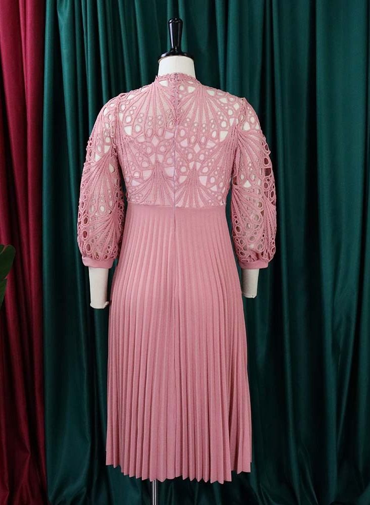 Loquat Women's Large Lace Hook Flower Hollow Pleated Dress Pink  - Image 2