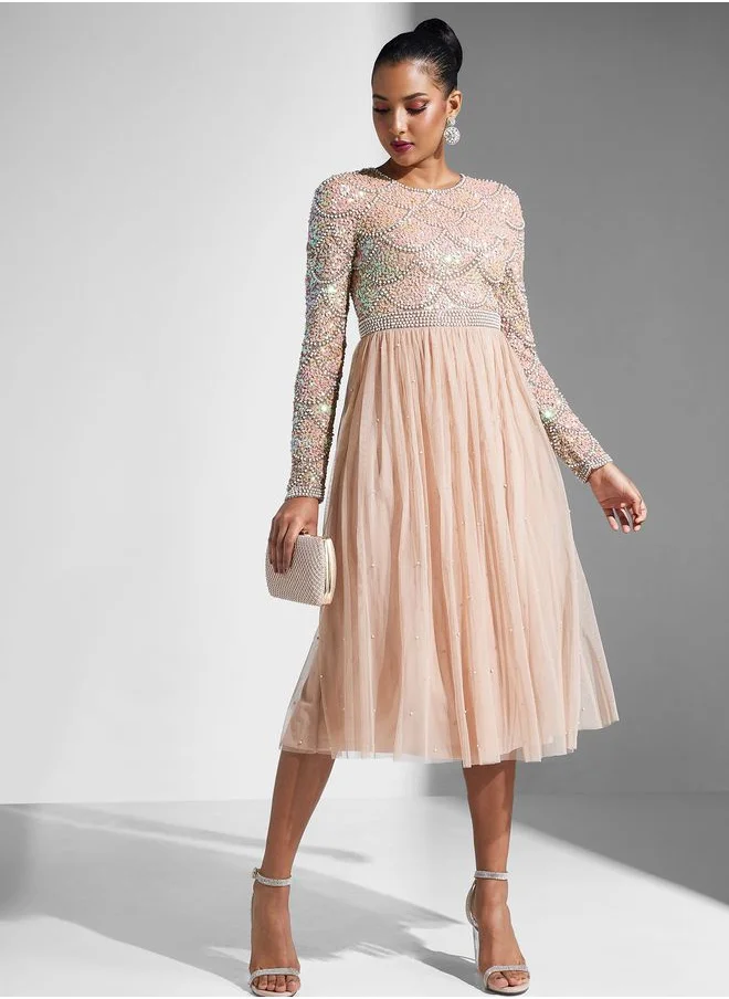 Amelia Rose Embellished Tiered Mesh Dress