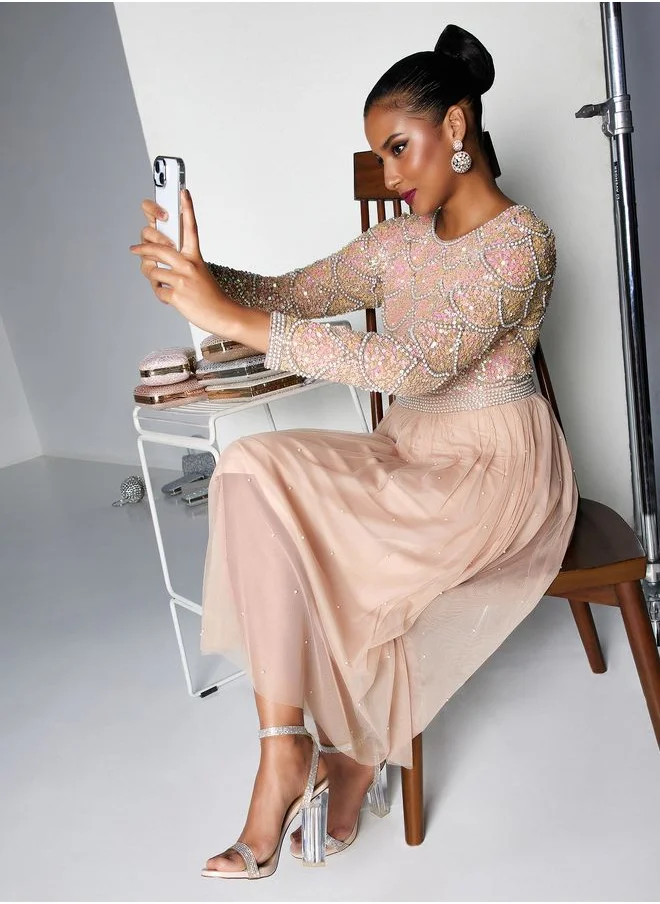 Amelia Rose Embellished Tiered Mesh Dress