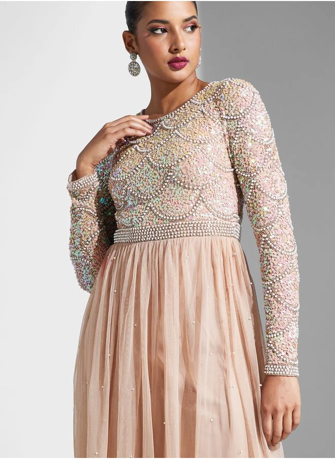 Amelia Rose Embellished Tiered Mesh Dress