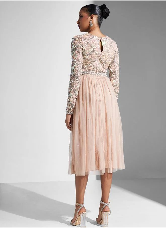 Amelia Rose Embellished Tiered Mesh Dress