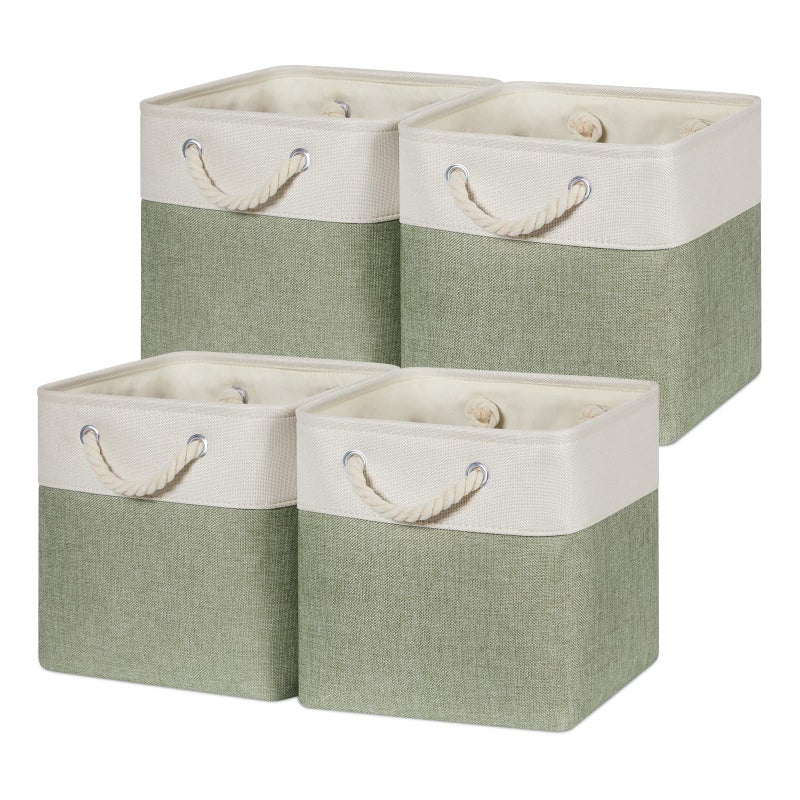 Temary Cube for Shelves 11 Inch Bin 4Pack Fabric Storage Baskets for Organizing Toys Clothes Decorative Baskets with Rope Handles WhiteGreen
