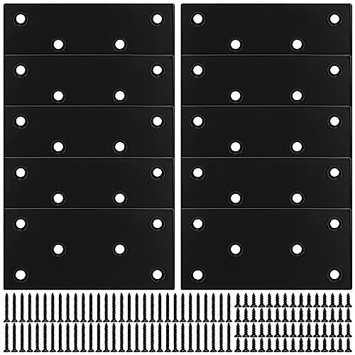 BOODVON Mending Plate Metal Steel Flat Straight Brace Bracket Black DoubleWide Joining Plate for Wood Furniture Fastening Fixing with 2 Sets of Screws of Different Lengths48x100mm 10 Pack - Image 1
