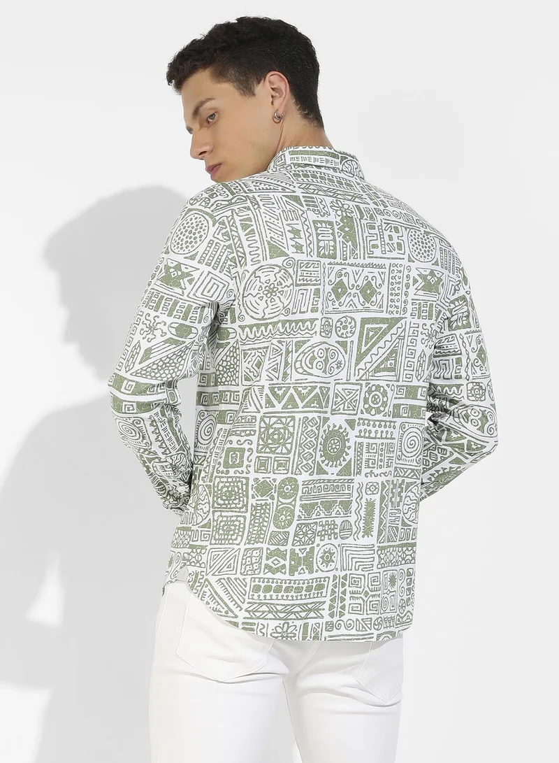 Campus Sutra Men's Sage Green Contrast Aztec Shirt