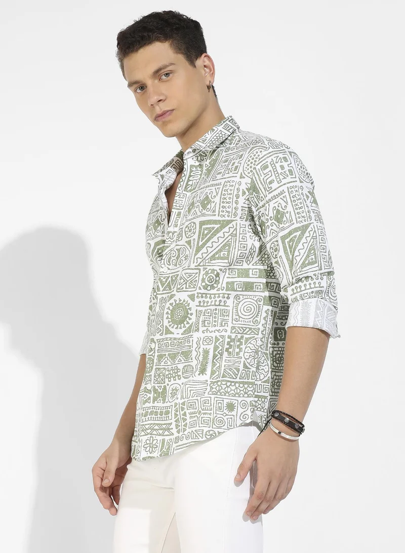 Campus Sutra Men's Sage Green Contrast Aztec Shirt