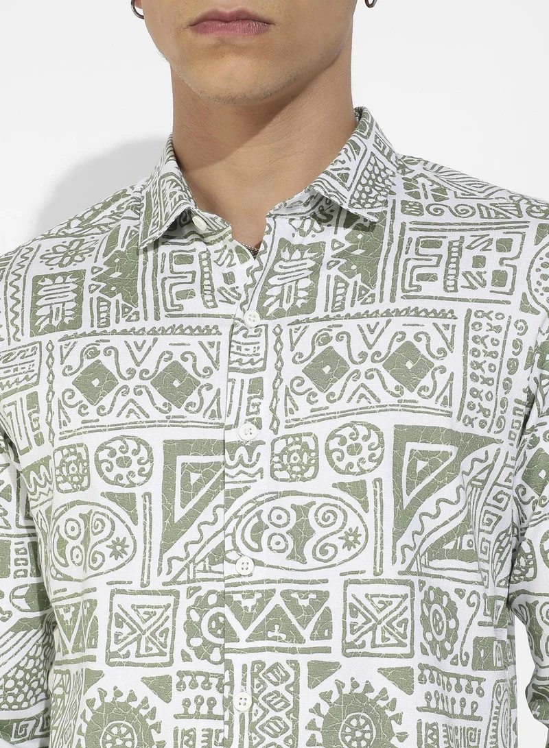 Campus Sutra Men's Sage Green Contrast Aztec Shirt