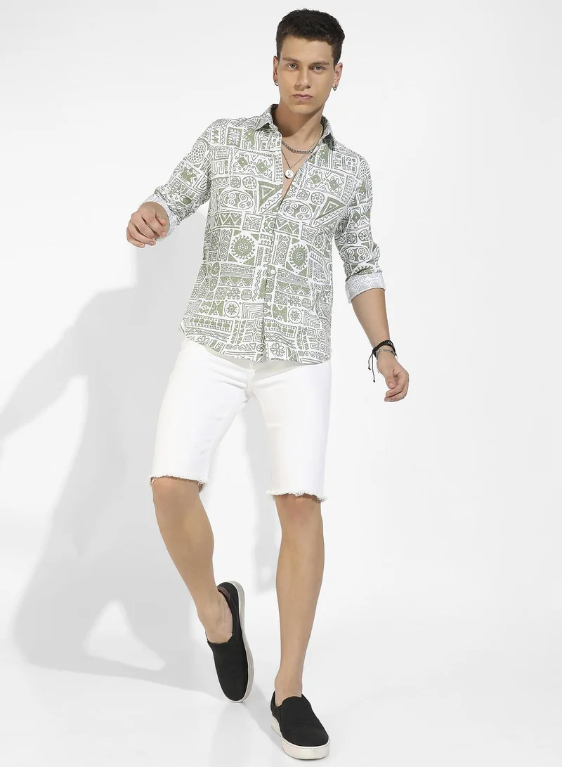 Campus Sutra Men's Sage Green Contrast Aztec Shirt
