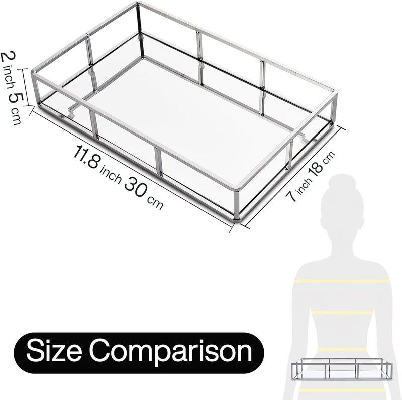 PuTwo Metal Vanity Jewelry Decor Mirror Tray, Glass Perfume Organizer for Bathroom, Counter, Silver - Image 5
