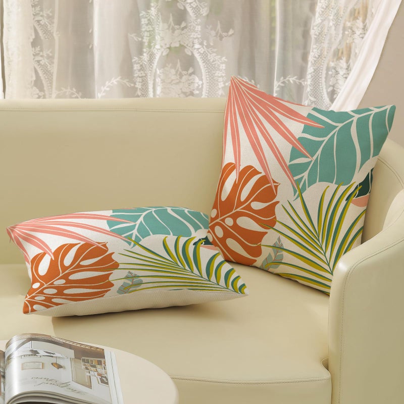 Golianda Summer Conval Covering Antropical Covers 18x18 مجموعة من 2 Monstera Palm Leaf Pillowcase Green Borange Coral Summer Throw Decor Decor Virop - Image 4