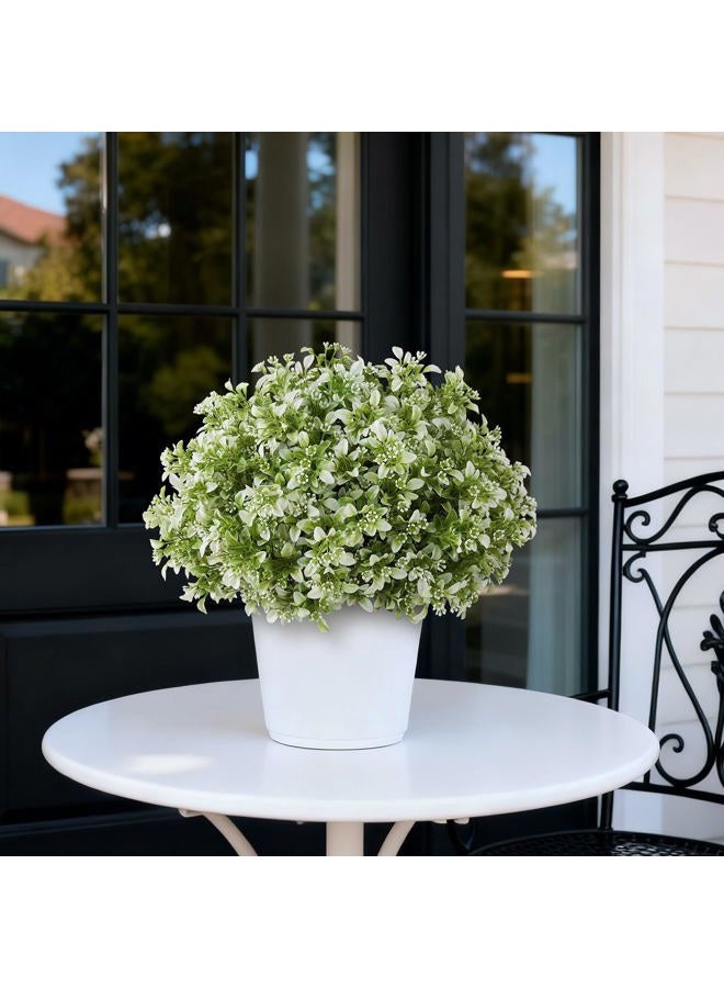 FOTEEWL Set of 2 Artificial Boxwood Topiary Ball Trees for Front Door - Realistic Faux Aglaia Odorata Bush with Pot, Fake Eucalyptus Leaves Potted Plants for Porch Farmhouse Outdoor Decor (White-Green) - Image 4