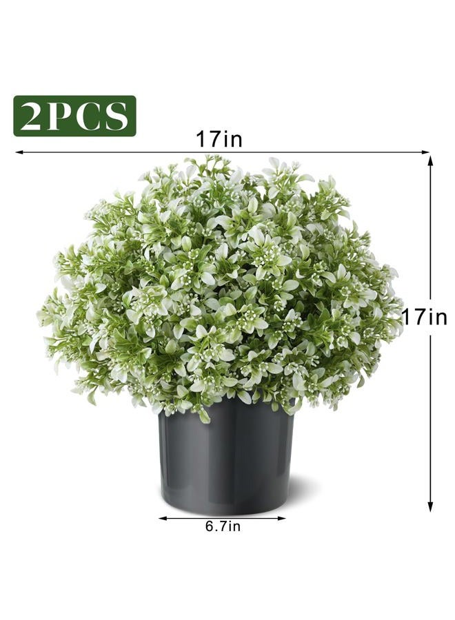 FOTEEWL Set of 2 Artificial Boxwood Topiary Ball Trees for Front Door - Realistic Faux Aglaia Odorata Bush with Pot, Fake Eucalyptus Leaves Potted Plants for Porch Farmhouse Outdoor Decor (White-Green) - Image 5