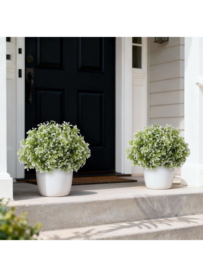 FOTEEWL Set of 2 Artificial Boxwood Topiary Ball Trees for Front Door - Realistic Faux Aglaia Odorata Bush with Pot, Fake Eucalyptus Leaves Potted Plants for Porch Farmhouse Outdoor Decor (White-Green) - Image 3
