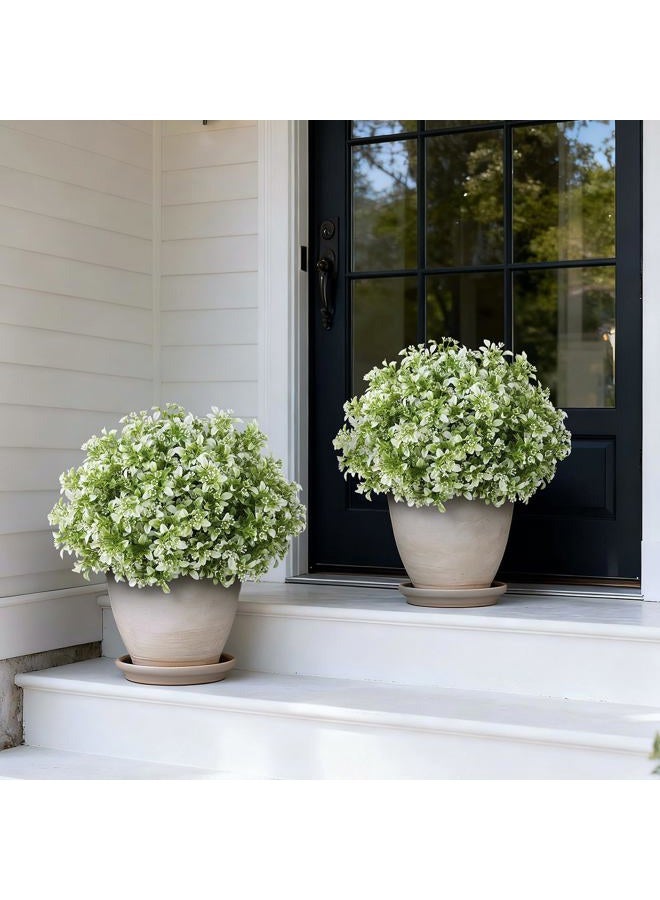 FOTEEWL Set of 2 Artificial Boxwood Topiary Ball Trees for Front Door - Realistic Faux Aglaia Odorata Bush with Pot, Fake Eucalyptus Leaves Potted Plants for Porch Farmhouse Outdoor Decor (White-Green) - Image 2
