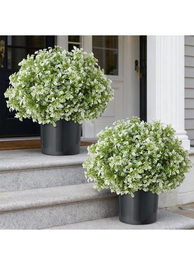 FOTEEWL Set of 2 Artificial Boxwood Topiary Ball Trees for Front Door - Realistic Faux Aglaia Odorata Bush with Pot, Fake Eucalyptus Leaves Potted Plants for Porch Farmhouse Outdoor Decor (White-Green) - Image 1