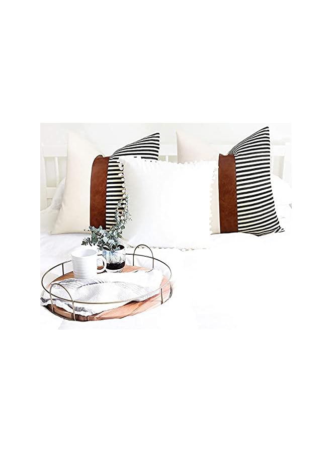The Bros Modern Geometric Decorative Throw Pillow Covers Home Cushion Covers Set of 2 Farmhouse Decor Stripe Patchwork Linen Throw Pillow Covers, Tan Faux Leather Accent Pillow Covers 18x18 inch - Image 2