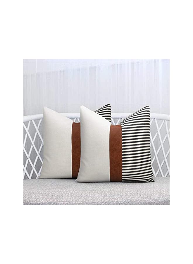 The Bros Modern Geometric Decorative Throw Pillow Covers Home Cushion Covers Set of 2 Farmhouse Decor Stripe Patchwork Linen Throw Pillow Covers, Tan Faux Leather Accent Pillow Covers 18x18 inch - Image 3