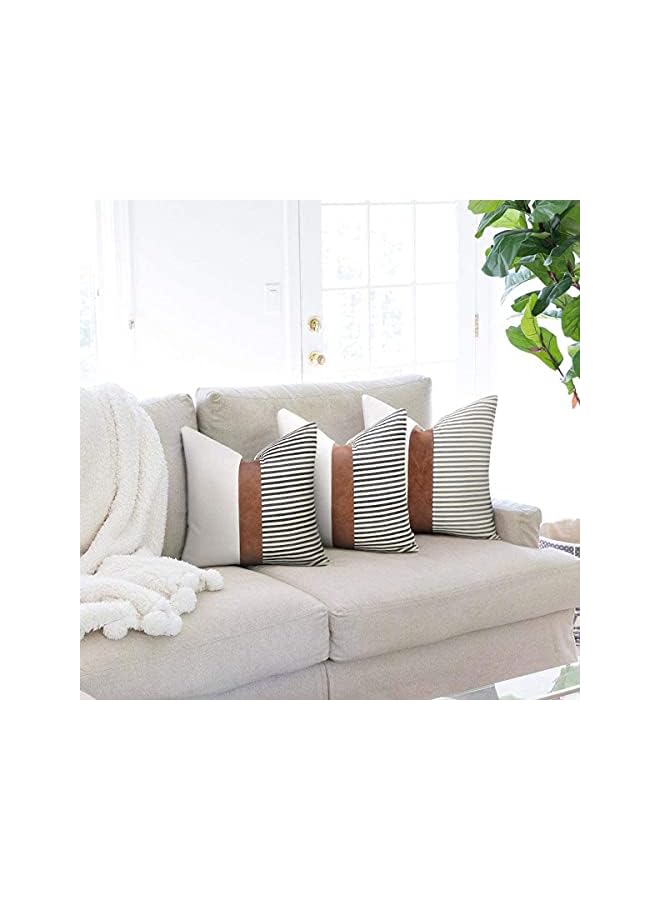 The Bros Modern Geometric Decorative Throw Pillow Covers Home Cushion Covers Set of 2 Farmhouse Decor Stripe Patchwork Linen Throw Pillow Covers, Tan Faux Leather Accent Pillow Covers 18x18 inch - Image 4