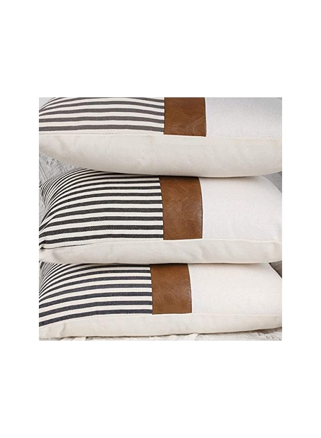 The Bros Modern Geometric Decorative Throw Pillow Covers Home Cushion Covers Set of 2 Farmhouse Decor Stripe Patchwork Linen Throw Pillow Covers, Tan Faux Leather Accent Pillow Covers 18x18 inch - Image 5